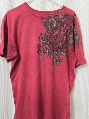 Affliction Vintage-Style Red Short Sleeve Tee with Ornate Black Shoulder Emblem
